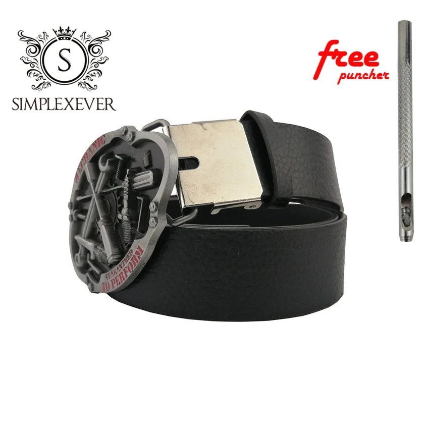 PU Belts with MECHANIC Metal Belt Buckle Men's Buckles Head Suitable for 4cm Wide Free Puncher |