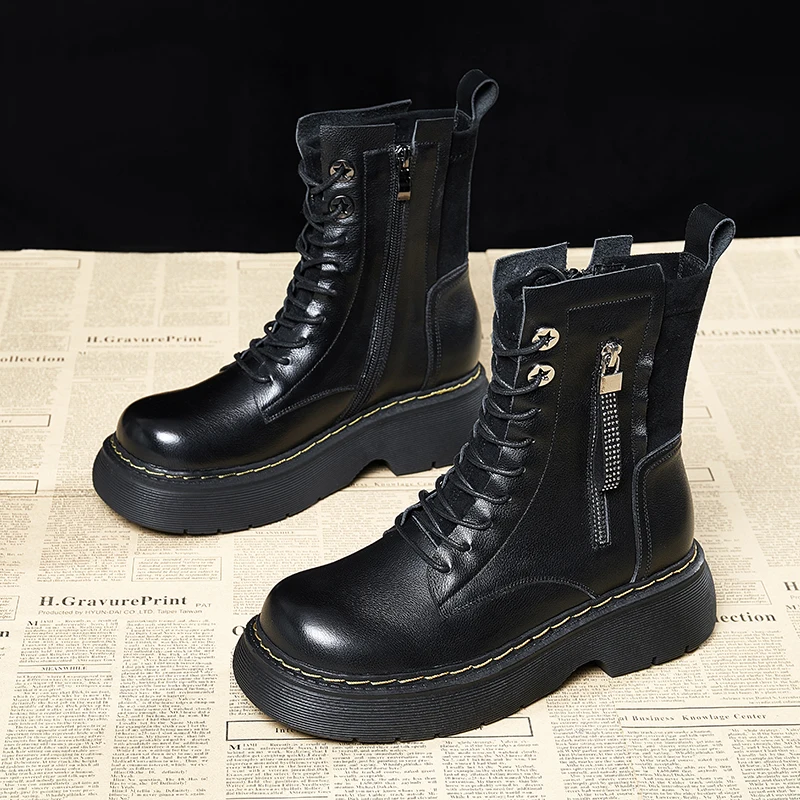 Cow Leather Martin Boots Women 2022 New Autumn Winter British Style Thick-soled All-match Ankle Increase Non-slip Tooling | Обувь