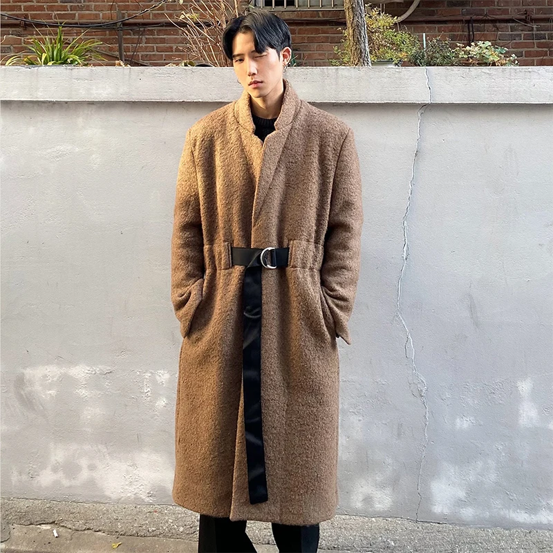 Мужское осенне зимнее длинное шерстяное пальто с поясом верхняя одежда Мужской