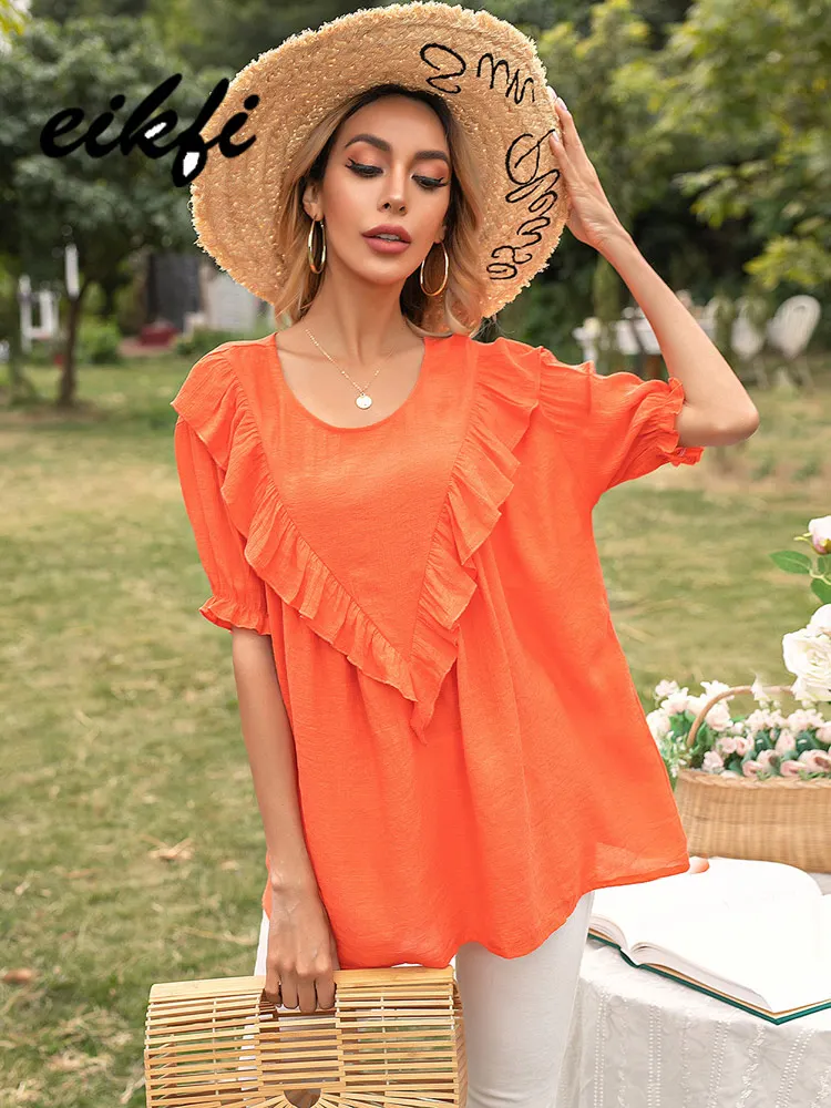 

EIKFI Solid Front Ruffle Patched Women T-shirts Tees Summer Ladies Round Neck Short Sleeve Casual Loose Long Tops and Shirts New