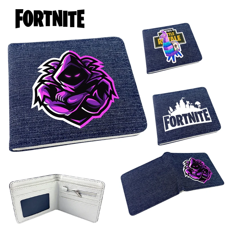 

hot fortnite game student unisex denim double fold leather wallet fashion short card bag coin purse male birthday present gift