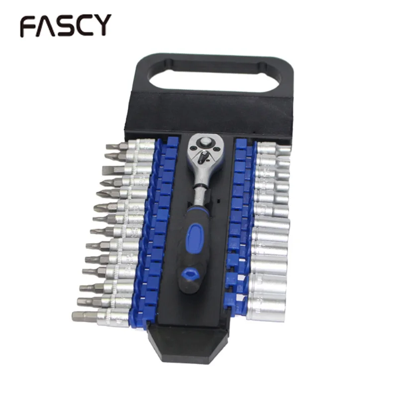 

27PC Socket and Inserted Bit Socket 1pc Quick Release Ratchet Handle 1/4" Drive Multifunctional Household Tool Kit