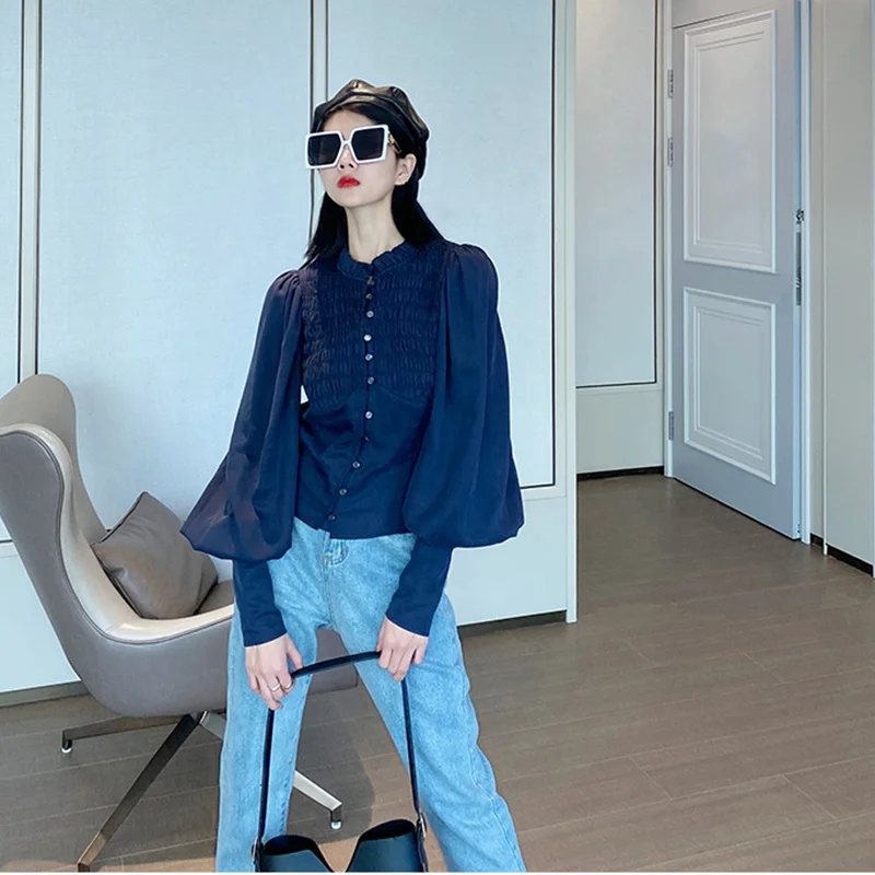 

LANMREM Women Ruffles Navy Blue Blouse New Stand Puff Long Sleeve Loose Fit Shirt Fashion Tide Spring Summer 2021 2E1352