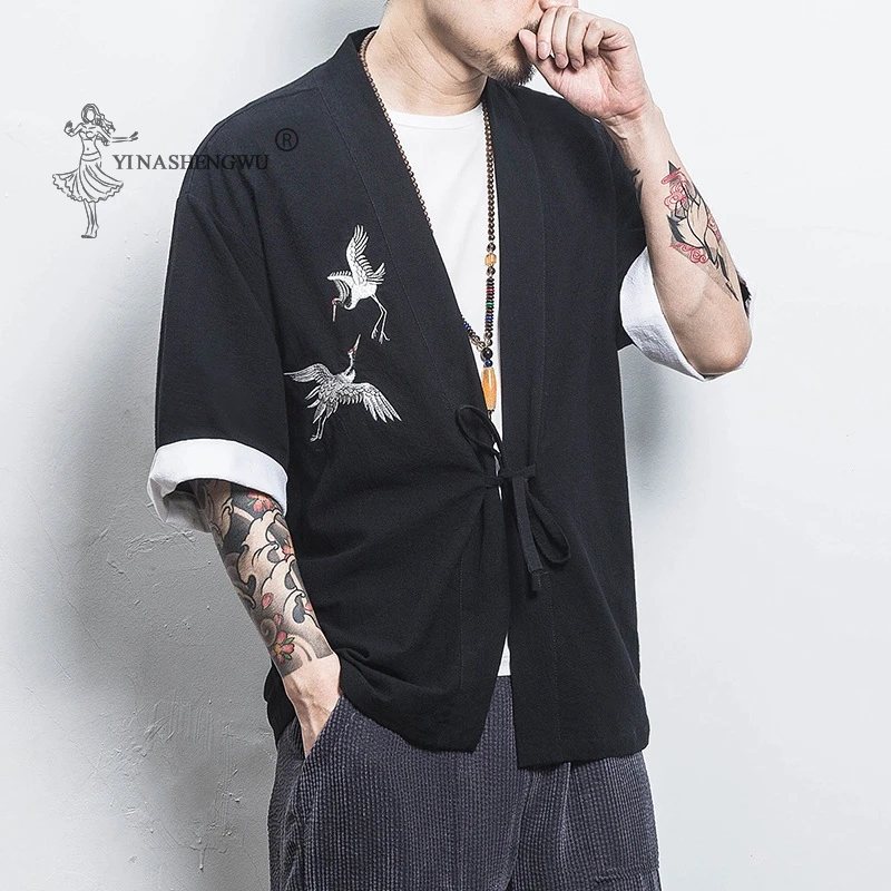 Японское кимоно с принтом юката пальто самурайский журавль Харадзюку японский