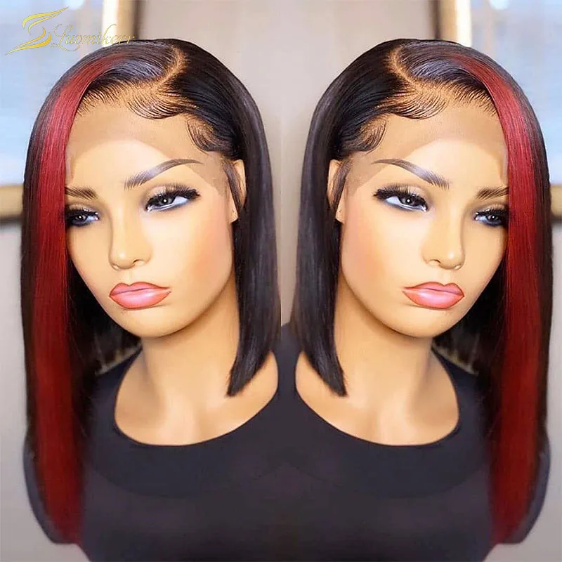 

Red 99j Burgundy Ombre Highlight Bob Straight Lace Front Wig Short Human Hair Colored HD Frontal Wig Preplucked Brazilian Full