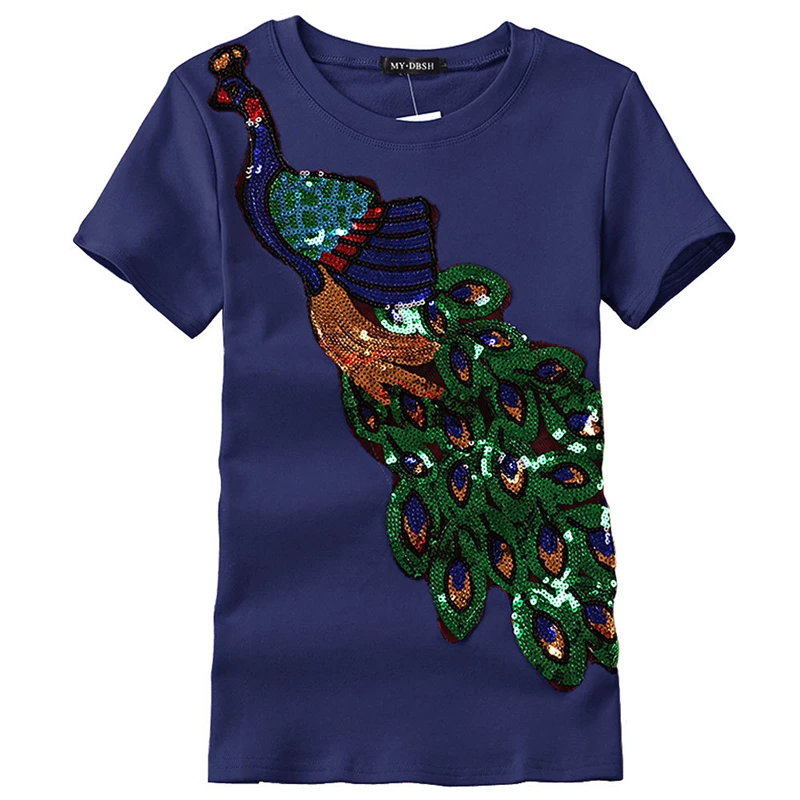 5xl Женская летняя футболка с принтом павлина и пайетками женская тонкая уличная