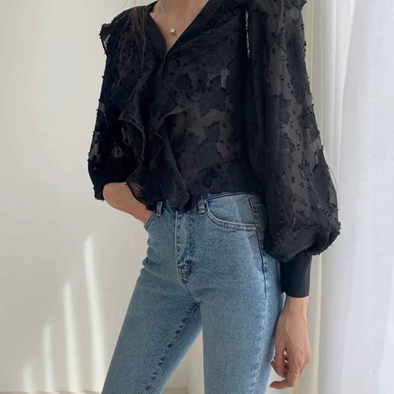 

Womens Tops and Blouses 2019 Elegant Long Sleeve chemise femme Crochet Loose OL Shirt Ladies Chiffon Blouse Dames blusa feminina