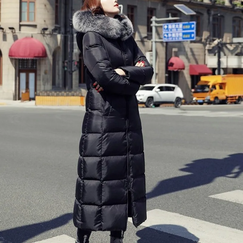 

Women Winter Black Maxi Down Jacket Fur Collar Hooded Outwear Coat Casual Slim Fit Long Coats Female Warm Office Ladies Overcoat
