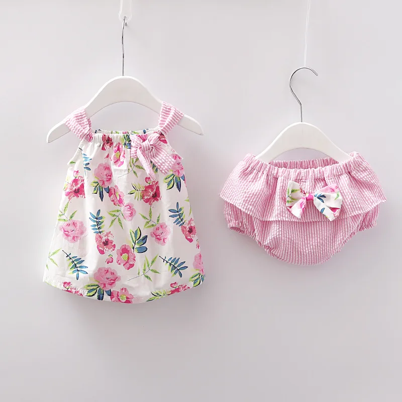 

NEW Newborn Baby Girls Clothes Sleeveless Dress+Briefs 2PCS Outfits Set Striped Printed Cute Clothing Sets Summer Sunsuit 0-24M