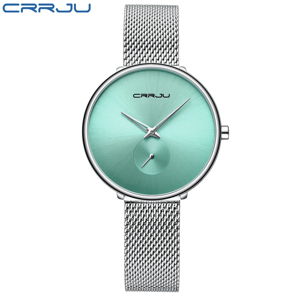 silver green CRRJU женские часы, ультра тонкие кварцевые часы из нержавеющей стали, женские повседневные часы с браслетом, женские часы для влюбленных, подарок - Цвет: silver green