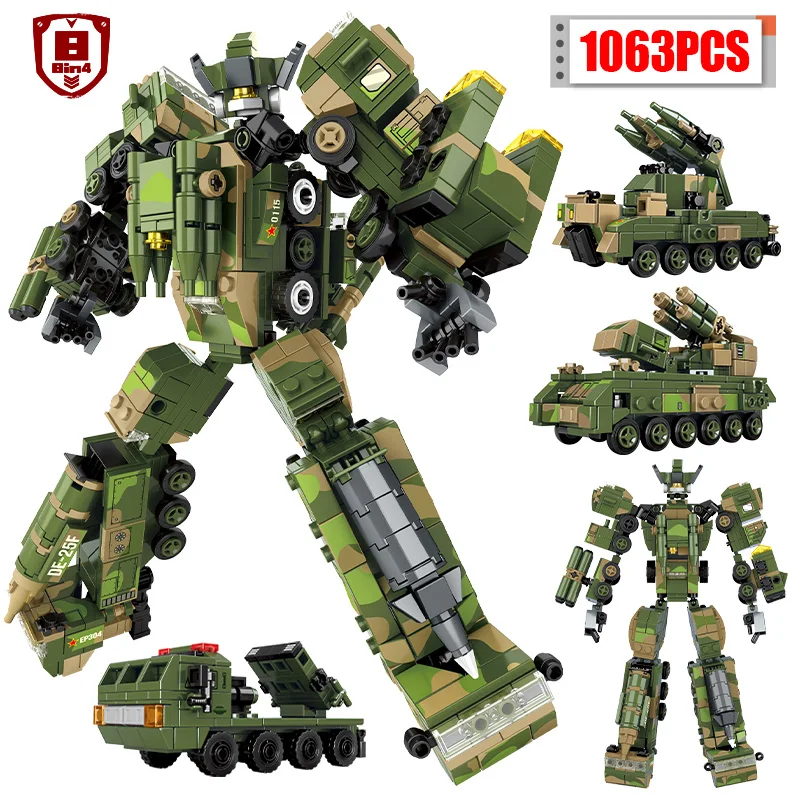 

1063Pcs 8 Change 4 City Military Technical Deformation Robot Warrior Building Blocks WW2 Weapon Tank Bricks Toys For Children