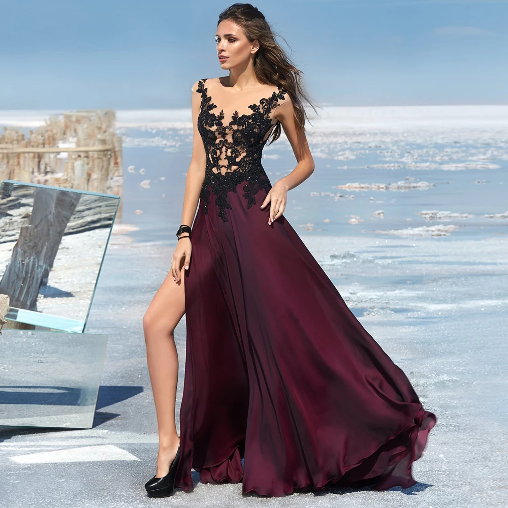 

Vestidos Elegant Evening Dresses Chiffon Appliques Beading Bateau Sleeveless Covered Button Slide Split A-Line Gowns