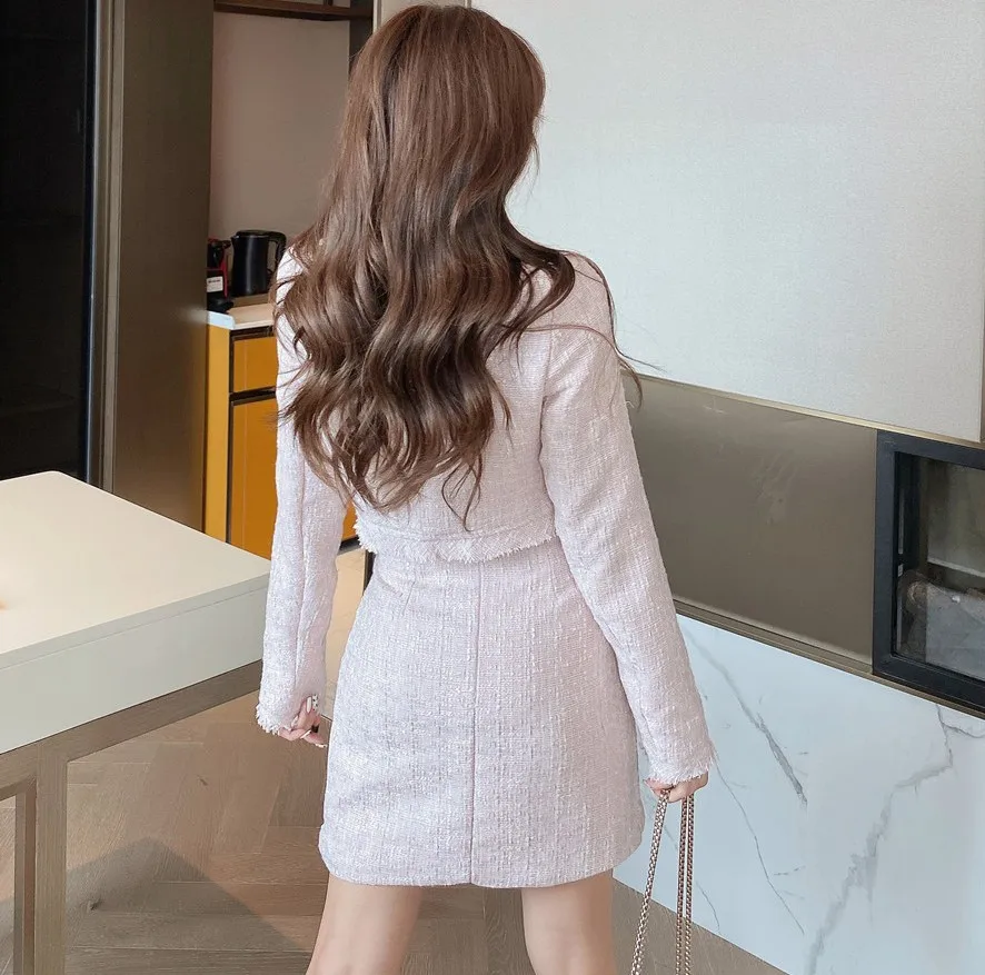 

Two Piece Set Elegant Skirt Suit Fashion Tweed Long Sleeve Crop Top + Bodycon Mini Skirt Set Outfits