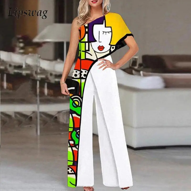 

Комбинезон женский, на одно плечо, с абстрактным принтом, с широкими штанинами