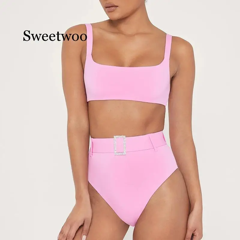 Бикини с высокой талией 2020 женский розовый купальный костюм купальники ремнем