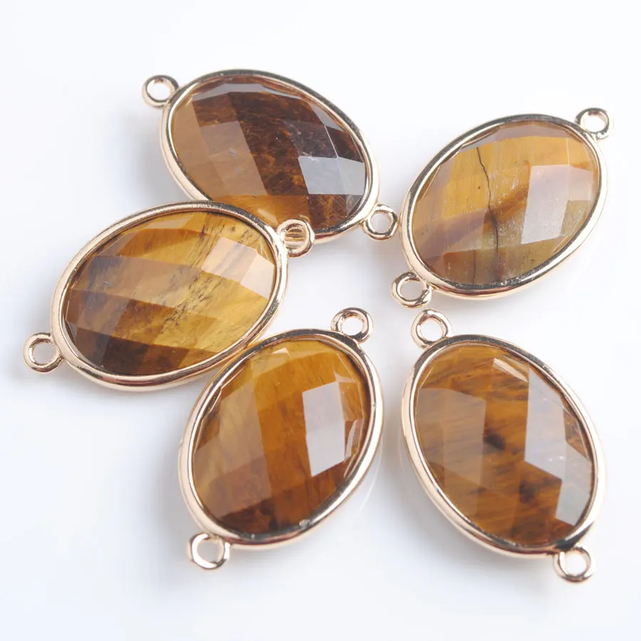 

30pcs Shiny Oval Faceted Natural Tigers Eye Stone Beads Double Hole Connector for Female Necklaces Jewelry Making PZ9064