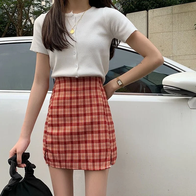 

Women's 2-piece women's knitted short sleeve shirt and plaid Sexy Mini Skirt 2-piece summer cardigan top and slim Skirt Set