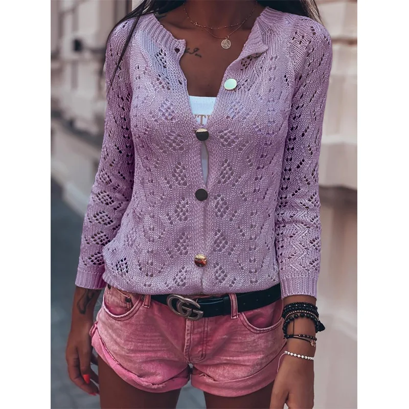 

Women Spring Autumn Hollow Out Crochet Knitted Cardigans Sweaters Ladies Single Button Thin Sweater Tops