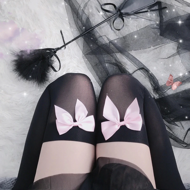 Cute Women's Hosiery Pink Bow Stay Up Sexy Thigh High Silk Stockings Hose Ladies Sweet Bow Stockings Pantyhose Lolita Style