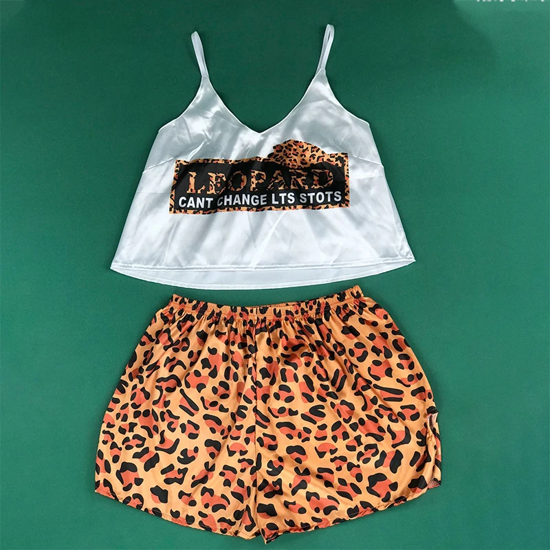 

Sexy Simulation Ice Silk Two-Piece Sling Pajamas Suit Female Summer Loose Korean Home Service Leopard Avocado Print Nightwear