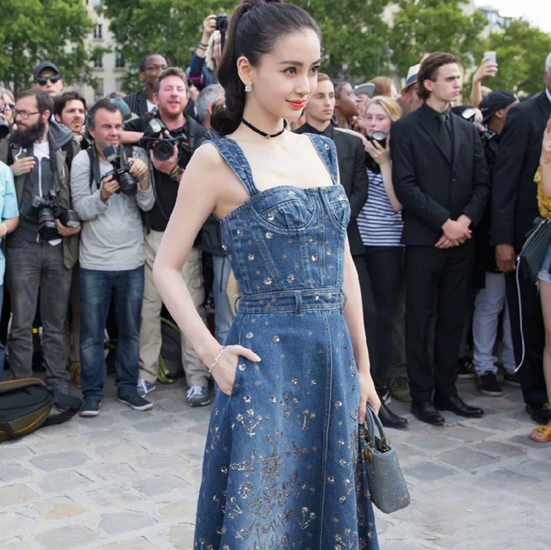 

2021 Summer fashion temperament women Long Dress sexy Denim Dress Vintage Embroidered printed strap dress