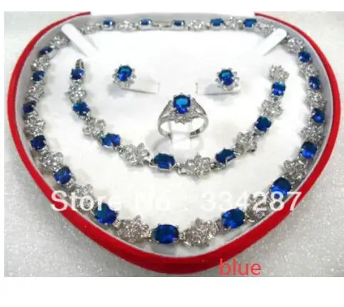 blue silver Красный/синий/фиолетовый циркон серьги браслет кольцо/necklae нефритовый кристалл - Цвет камня: blue silver