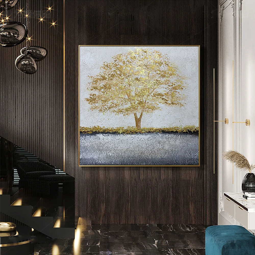 

Abstract Golden Lucky tree Fortune tree Handmade Oil Painting On Canvas Hand Painted Modern Wall Art Living Room Home Decorative