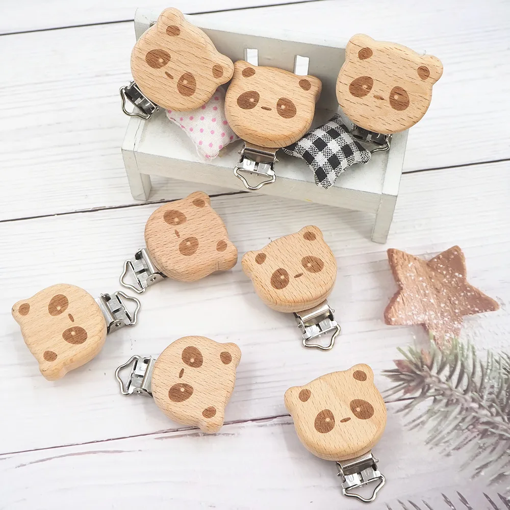 Chenkai-Clips de estrella redonda para coche, cadena de chupete natural de oso de madera, coraz&oacute;n, p&aacute;jaro, elefante, libre de BPA, bricolaje, 50 Uds.-0