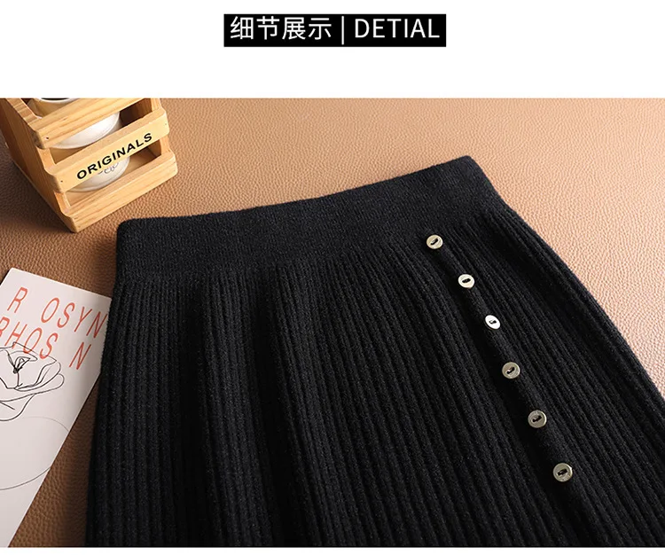 

Women High Waist Splice Lace Button Slit Slim Bodycon Skirts Female Fashion Elegant Mid-Calf Black Skirts Autumn Winter Woman