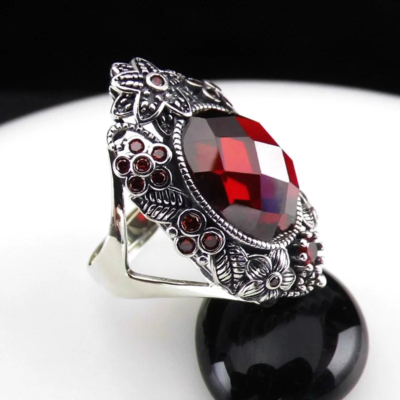 

FNJ MARCASITE Flower Big Rings 925 Silver Adjustable Size Open Popular S925 Solid Silver Ring for Women Jewelry Fine Red Zircon
