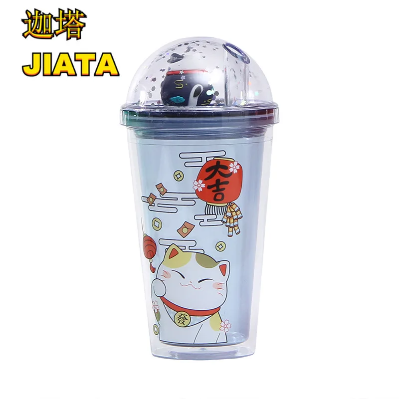 

Coffee Milk Cup Double Summer Ice Cup Cartoon Plastic Water Cup Creative Lucky Cat Juice Refrigeration Straw Cup Straw Cup