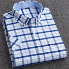Мужская Повседневная рубашка в клеткув полоску, классическая Рабочая Рубашка из ткани Оксфорд с короткими рукавами, накладным нагрудным карманом и воротником на пуговицах