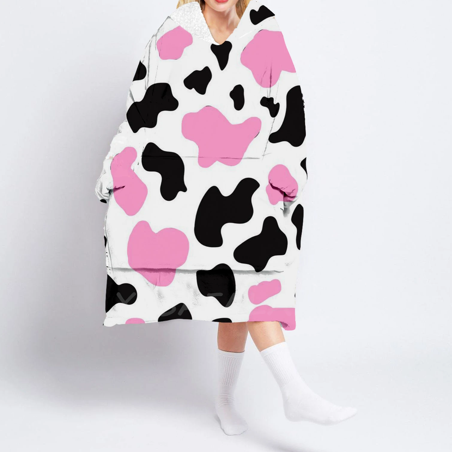 

Cartoon Figure Printed Oversized Hooded Wearable Blanket Hoodie Robes Sherpa Pocket 3 Female Man Sleepwear Nightdress Pajamas