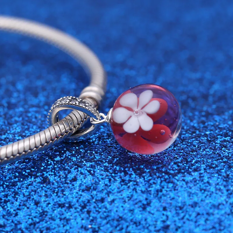 

Genuine 925 Sterling Silver Pendant Peach Blossoms Flowers Glass Charm Fit pan Bracelet & Necklace Women DIY Jewelry
