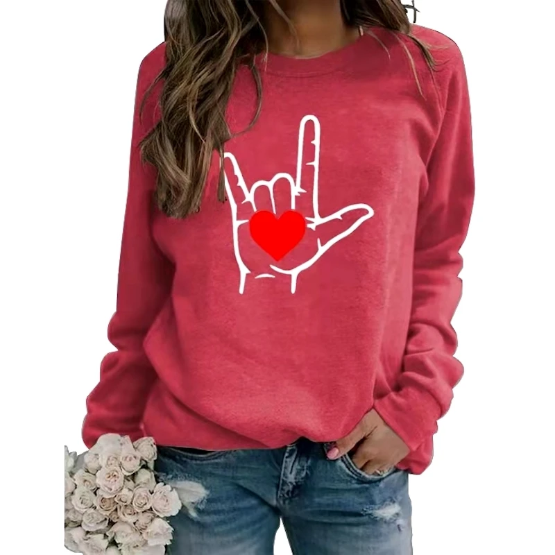 

Women's Hoodie Top Valentine Love Heart Gesture Print Clothing Sweatshirt O Neck Long Sleeve Casual Wearing