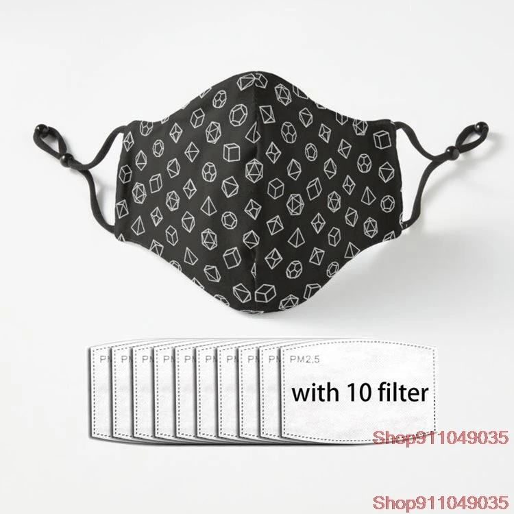 

DND Dice Pattern Black and White Unisex Facial Mask Adjustable Luxury Polyester Face Mouth Mask With Filter Mascarillas