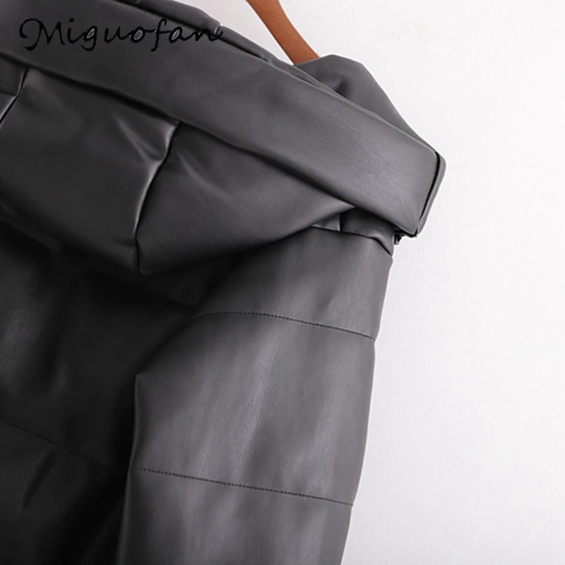 

Miguofan Hooded Parkas Faux Leather Coats Winter Women PU leather Coats Warm Black PU Elegant Zipper outwear Jackets Female