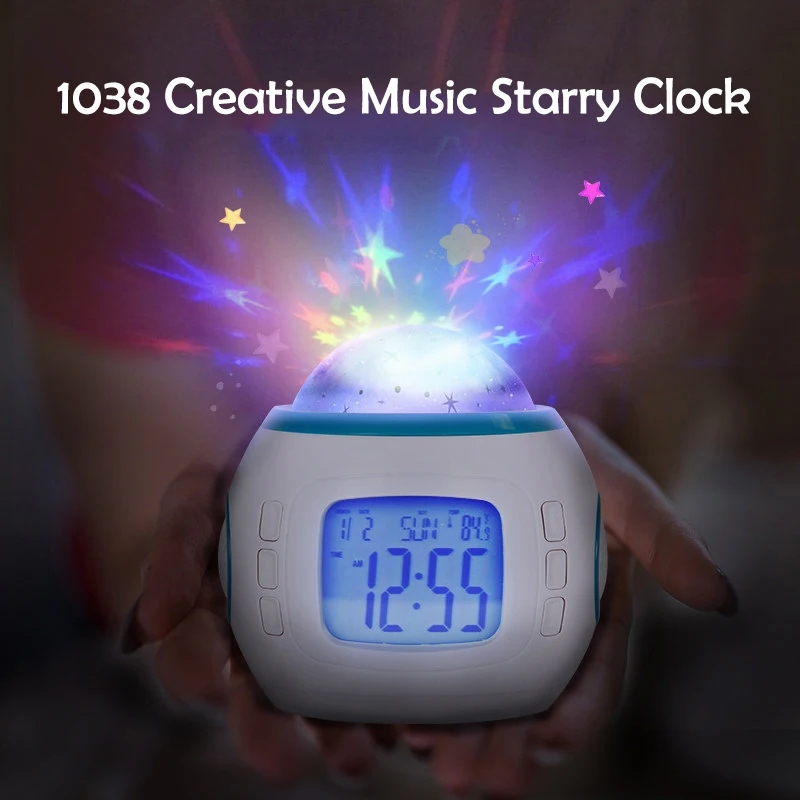 Цифровой будильник с цветными лампами домашний декоративный музыкой проекцией