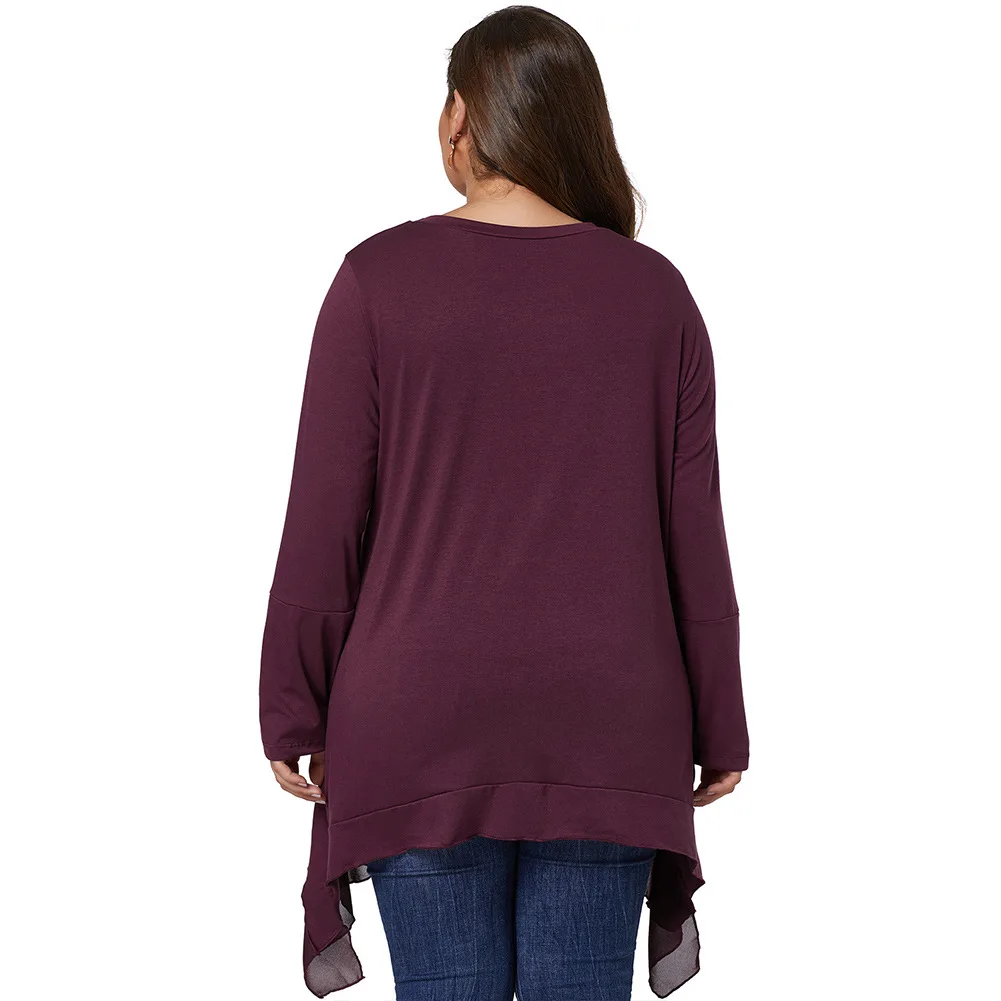 Женские рубашки большого размера с оборками асимметричный подол Круглый Вырез