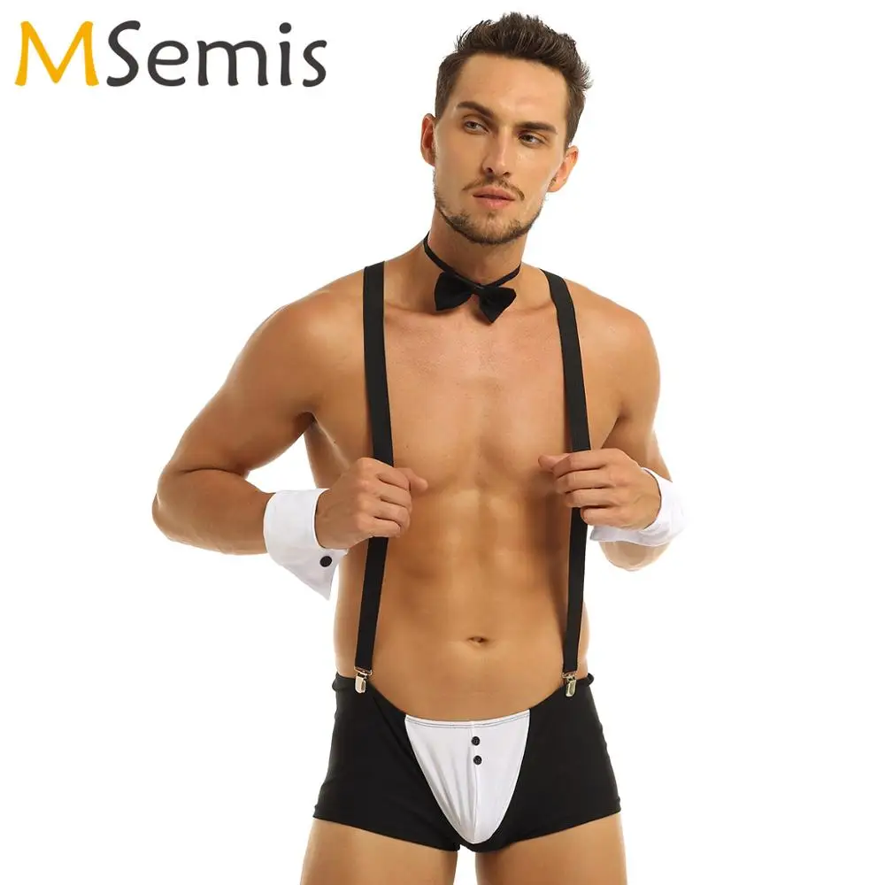 

Mens Cosplay Maid Uniforms Gay Boxer Briefs+Suspender Bowtie Collar Bracelets Lingerie Set Erotic French Servant Tuxedo Costume