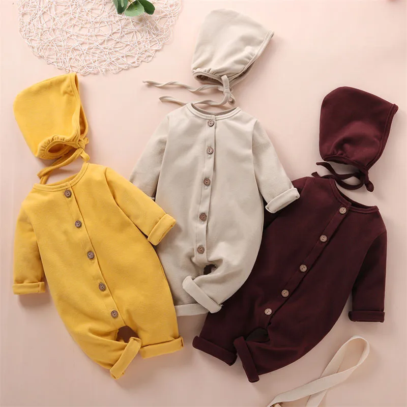 

Spring Autumn Kids Boy Girl Long Sleeve Pure Color Rompers + Hat Infant Baby Boy Girl Newborn Rompers Clothes Baby Boy Rompers