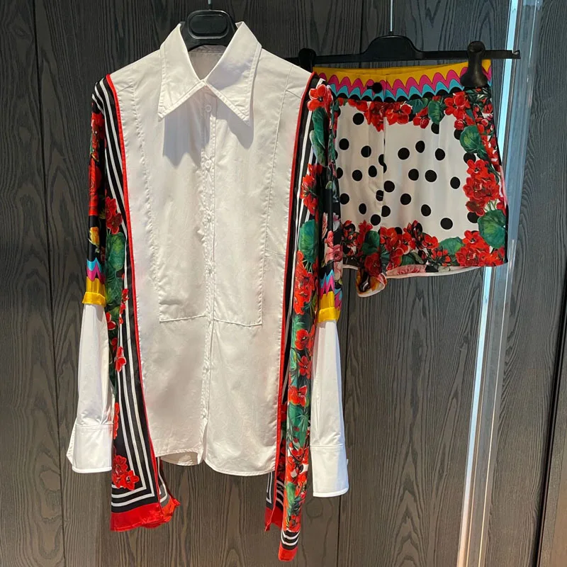

High Quality Woman's Shirt Sicily Stitching Poplin Twill Silk Shirt With Mixed Foulard Printsard Print Long-Sleeved Button Tops