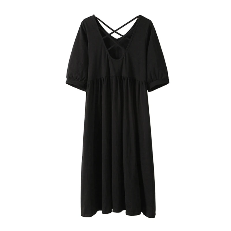 

PERHAPS U Women Black Solid V Neck Dress Backless Short Sleeve Knee Length D1712