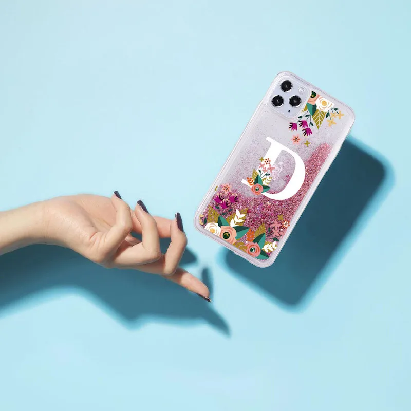 

Custom Initials name A to Z Flower Sparkle Liquid Real Glitter Phone Case Cover for iPhone 11 X XS XR Max Pro 7 8 7Plus 8Plus 6