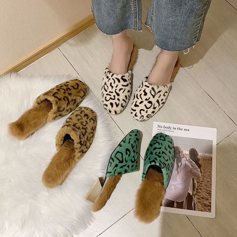 

Autumn and winter new cotton slippers winter wool slippers women's middle heel wear Plush European station Baotou wool slippers