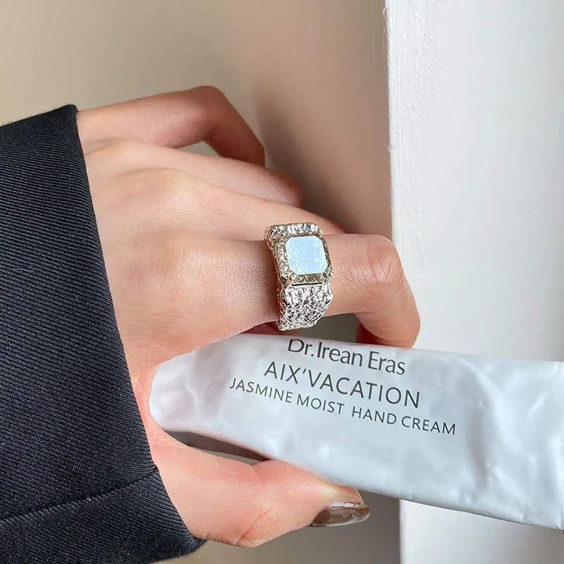 

Korea Dongdaemun perfect 925 sterling silver crystal fireworks ring lava texture opening heavy industry single ring set