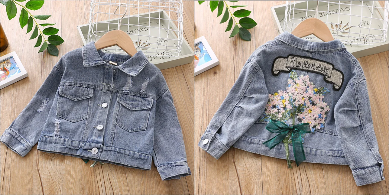 

2020 0-6Y Princess Kids Denim Coat Fall Top Lapel Neck Button Chest Pocket Outdoor Girl Ripped Flower Embroidery Bow Fall Jacket