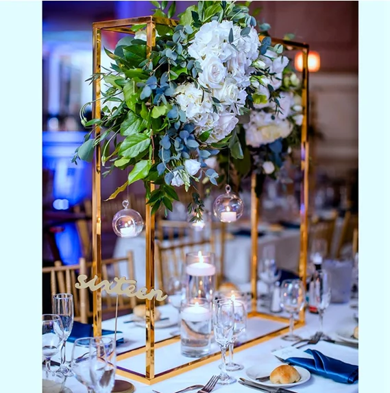 

2pcs/set)Custom sizes gold metal iron table top set up square geometric rectangle flower stand for wedding table