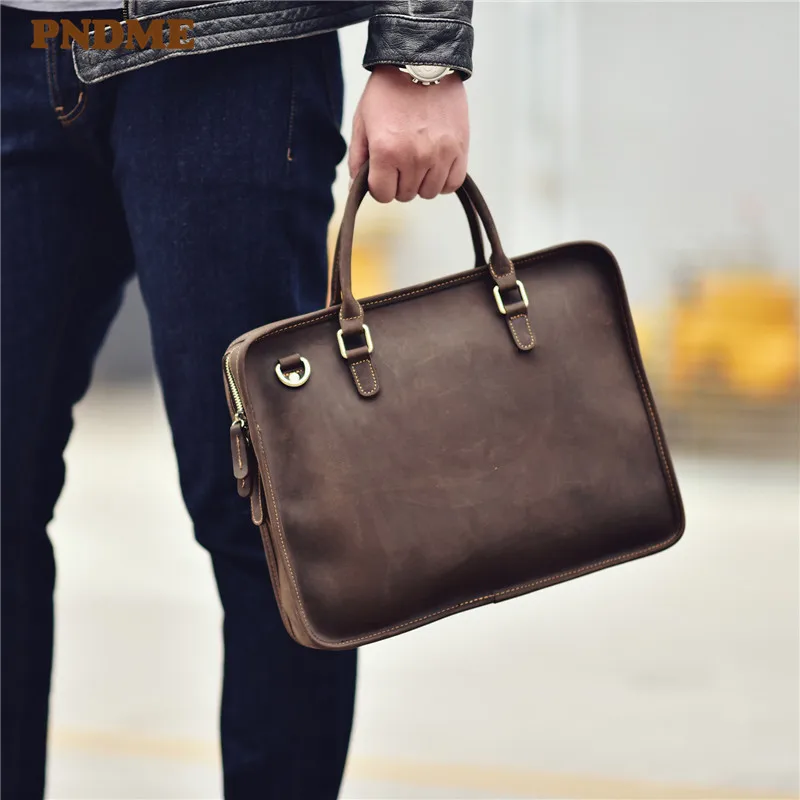 PNDME simple retro genuine leather men's women's briefcase crazy horse cowhide handbag business laptop shoulder messenger bag