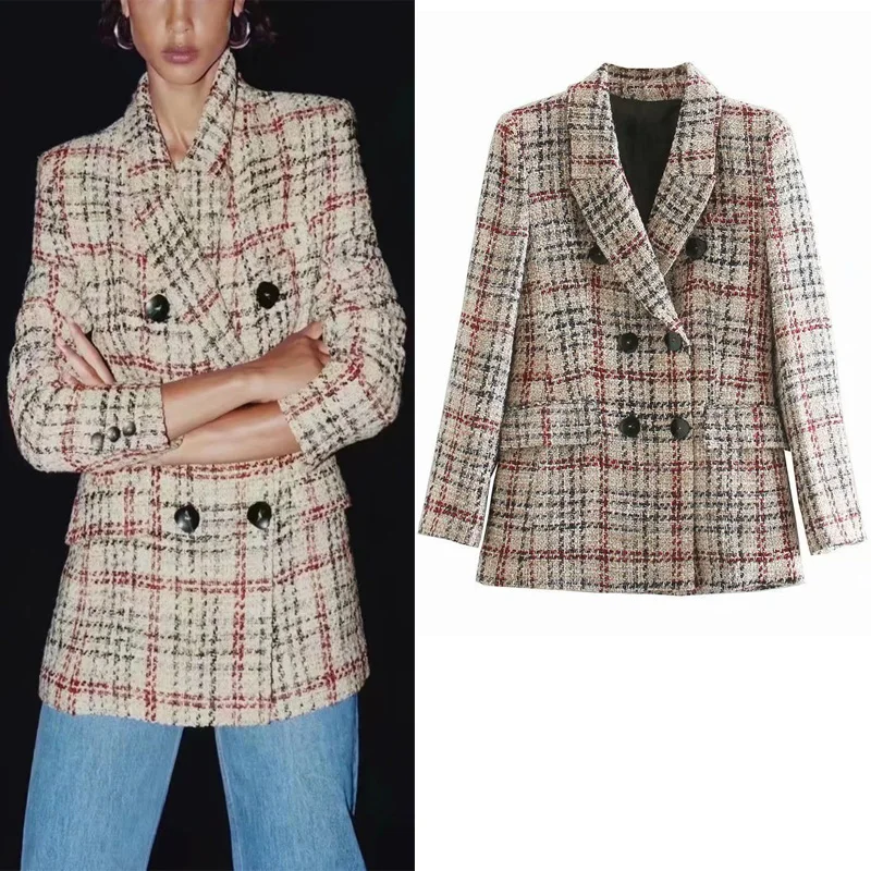 

Za Autumn and Winter New Plaid Texture Suit Fashion Long Sleeve Office Suit Chic Buttons Pocket Suit casual Street Suit 2021